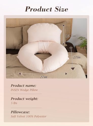 INSEN Wedge Pillow Set for Sleeping and After Surgery, Use for Acid Reflux, Reading and Relaxing, Headboard Pillow for Sitting in Bed, Beige