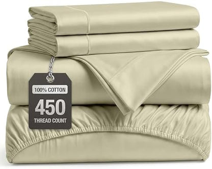 450TC 100% Long-Staple Cotton Cal King Sheets - Soft Sateen Weave, Linen