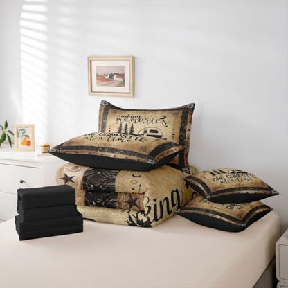 Erosebridal Camper Comforter Set 7 Pieces Bed in A Bag Full Size, Happy Camping Comforter Rv Decorations for Inside, Vintage Rustic Farmhouse Sheet Set, Sun Moon Starry Sky Bedding Sets, Reversible