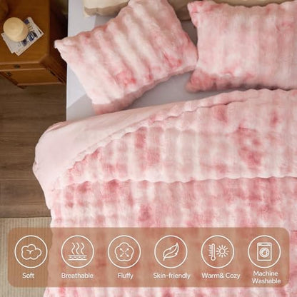 BEDELITE Tie Dye Faux Fur Comforter Set Twin,Thick Winter Comforter,Pink
