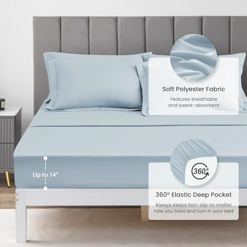 Love's cabin King Size Comforter Set Light Blue, 7 Pieces King Bed in a Bag, All Season Bedding Sets with 1 Comforter, 1 Flat Sheet, 1 Fitted Sheet, 2 Pillowcase and 2 Pillow Sham