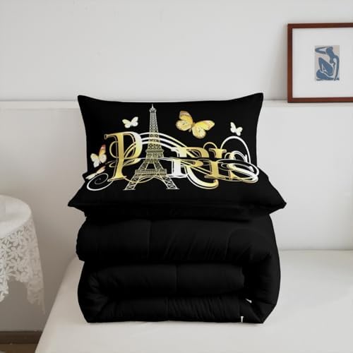 Eiffel Tower Comforter Chic Paris Theme Bedding Set for Kids Boys Girls Butterfly Paris Cityscape Printed Comforter Set Modern French Style Duvet Set Golden Black Bedroom Decor Quilt Set Queen Size