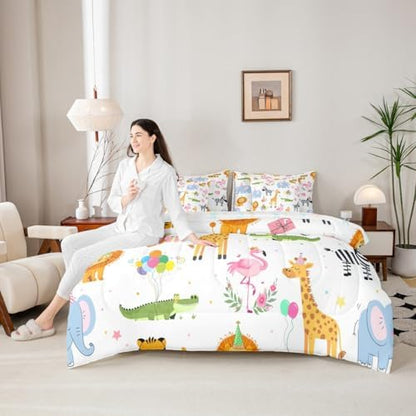 Erosebridal Party Animals 7 Piece Comforter Set Queen for Nursery | Funny Cartoon Wild Animals Bedding Set Kids Boys Girls Flamingo Giraffe Elephant Zebra Crocodile Sheets Love Heart Floral Quilt