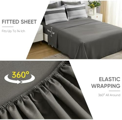 Comforter Set King Size 7 Piece Bed in a Bag Boho Black Striped Bedding Set Soft Microfiber Comforter and Sheet Set for All Season (King, 104"x90")