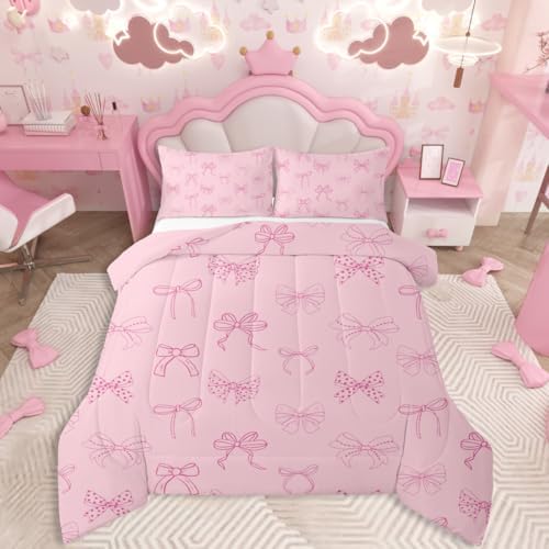 jejeloiu Bowknot Kids Comforter Set King Size Pink Bow Bedding Set Dreamy Princess Style Duvet Quilt for Kids Boys Girls Bedroom Pink Bow Tie Decor Microfiber Ultra Soft Breathable
