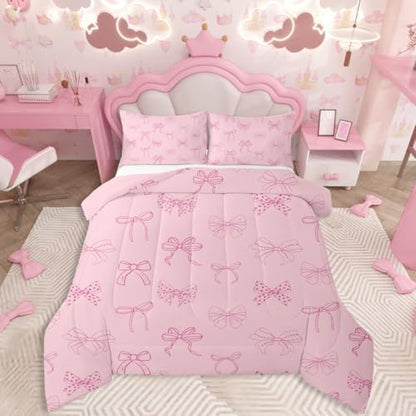 jejeloiu Bowknot Kids Comforter Set King Size Pink Bow Bedding Set Dreamy Princess Style Duvet Quilt for Kids Boys Girls Bedroom Pink Bow Tie Decor Microfiber Ultra Soft Breathable