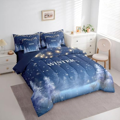 Erosebridal Winter Season 7 Pcs Comforter Set King, Snowflakes Bedding for Adult, Xmas Mystical Wonderland Starry Sky Night Bed in A Bag Sheet Set, Night Blue New Year Holiday Light Coniferous Quilt