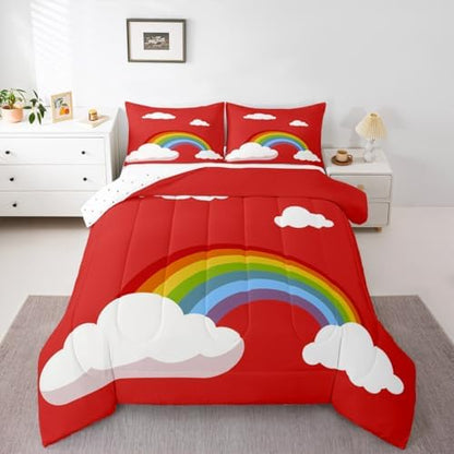 Girls Rainbow Twin Size Comforter Set,Kids Red Background Decor All Season Bedding Set,Teens Colorful Stripes Comforter,Children Fairy Tale Decor Quilt Set Bedroom Collection 2Pcs