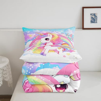 Manfei Cute Unicorn Kids Comforter Set King Size,Rainbow Stars Cloud Dreamy Bedding Set,Girls Women Room Decor,Cartoon Animals Castle Girly Down Comforter,Pink Blue Unique Duvet Insert,2 Pillowcases