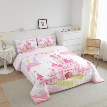 Feelyou Kids Twin Pink Castle Comforter Set Boys Rainbow Castle Bedding Set Girls Princess Comforter Fairy Tales Duvet Set Girls Bed Set 2Pcs