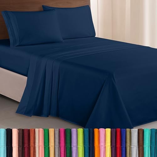 Elegant Comfort Luxurious 1500 Premium Hotel Quality Microfiber Three Line Embroidered Softest 4-Piece Bed Sheet Set, Wrinkle and Fade Resistant, California King, Navy Blue