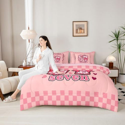 Erosebridal Six Seven Comforter Set Twin Size 7 Piece Pink 67 Number Print Bedding Set Gift for Kids Girls Birthday,Romantic Love Heart Bow Plaid Bed in A Bag with Flat and Fitted Sheet