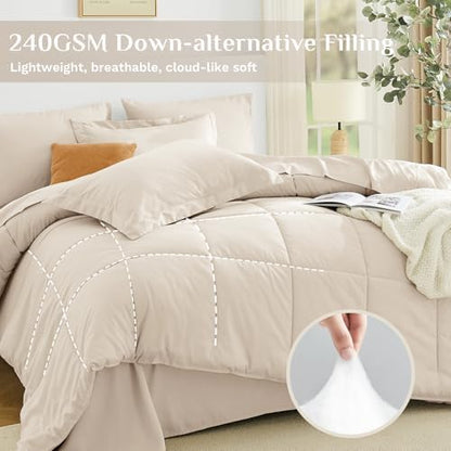 JOLLYVOGUE Queen Comforter Set, Ultra-Soft Bed in a Bag Queen Size 7 Pieces, Oeko-TEX Certified Bedding Set with Down Alternative Comforter, Sheets, Pillowcases & Shams, Beige