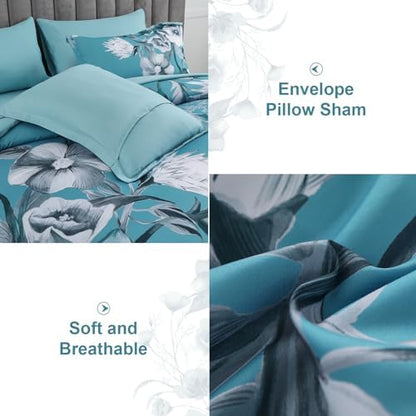 Luxudecor Floral Comforter Set Queen Size 7 Piece, Teal Blue Flower Bed in a Bag, Elegant Comforter Bedding Set for All Season (Teal Blue, 90"x90")