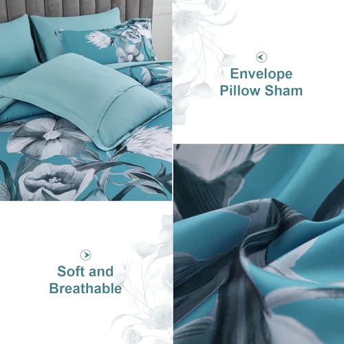 Luxudecor Floral Comforter Set King Size 7 Piece, Teal Blue Flower Bed in a Bag, Elegant Comforter Bedding Set for All Season (Teal Blue, 104"x90")