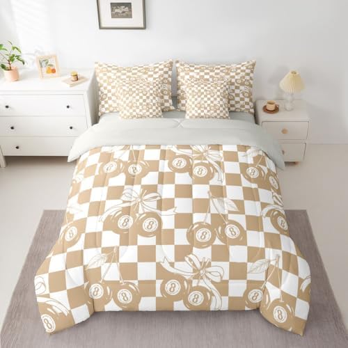 Erosebridal 7 Piece Lucky 8 Ball Comforter Set Twin Fashion Y2K Bowknot Bedding Set with Cute Cherry Ball Design,Minimalist Trendy Geometric Plaid Bed in A Bag Aesthetic Funky Coquette Bed Set