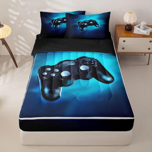 Feelyou Kids Game Comforter Set Zipper Bedding Full for Boys, Blue All-in-one Zipper Bedding, Easy to Make, Washable, Soft Fabric, Comforter with Fitted Sheet, 2pcs Pillowcases