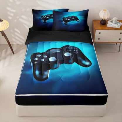 Feelyou Kids Game Comforter Set Zipper Bedding Full for Boys, Blue All-in-one Zipper Bedding, Easy to Make, Washable, Soft Fabric, Comforter with Fitted Sheet, 2pcs Pillowcases