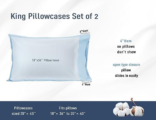 Pillow Cases 100% Cotton Percale King Size Set of 4, Light Blue