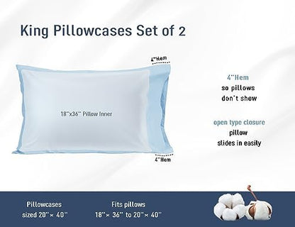 Pillow Cases 100% Cotton Percale King Size Set of 4, Light Blue
