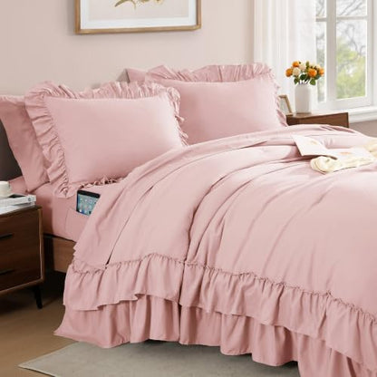 California King Comforter Set Soft Pink Ruffle 7 Pieces Bed in a Bag