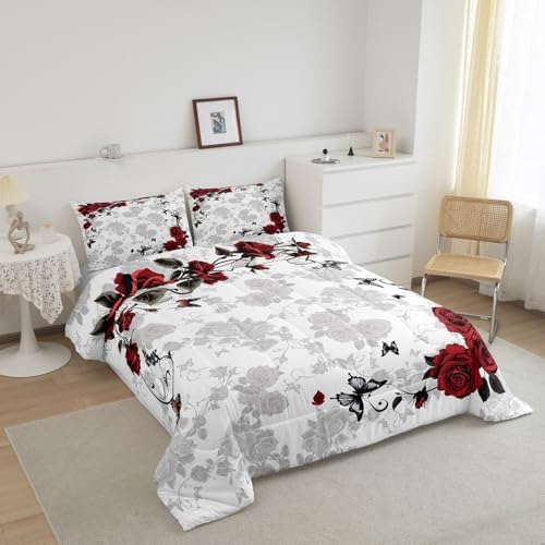 jejeloiu Red Black Rose Comforter Set Toddler Size Kids Vintage Floral Flower Bedding Set Boys Girls Botanical Leaves Duvet Breathable Blossom Plant Quilt Bedroom Decor,1 Comforter with 1 Pillowcase