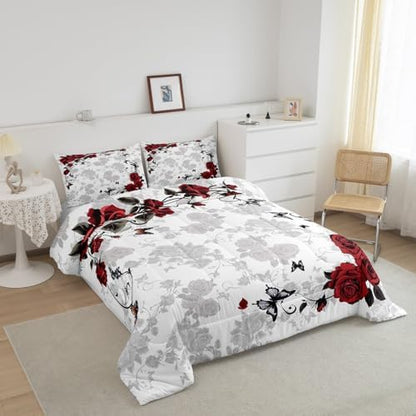 jejeloiu Red Black Rose Comforter Set Toddler Size Kids Vintage Floral Flower Bedding Set Boys Girls Botanical Leaves Duvet Breathable Blossom Plant Quilt Bedroom Decor,1 Comforter with 1 Pillowcase