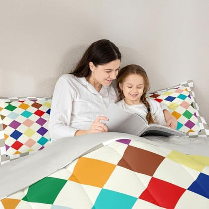 Checkered Geometric Comforter Set All Season Blue Purple Beige Brown Plaid Bedding Set with 2 Pillow Cases Checkerboard Modern Aesthetic Kids King Bedclothes Reversible Grey Bedroom Decor Duvet Quilt