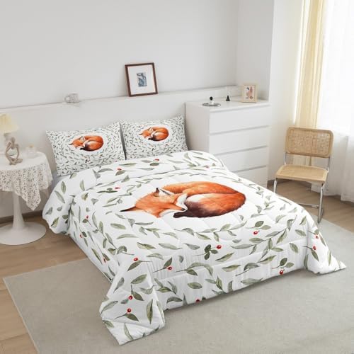 Manfei Lovely Fox Comforter Set Full Size, Cartoon Animal Theme Quilt Set with 2 Pillowcases, Botanical Floral Leaves Print Bedding Set 3pcs for Kids Boys Girls Bedroom Decor