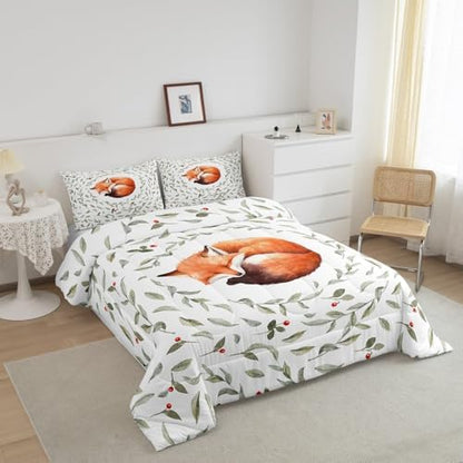 Manfei Lovely Fox Comforter Set Full Size, Cartoon Animal Theme Quilt Set with 2 Pillowcases, Botanical Floral Leaves Print Bedding Set 3pcs for Kids Boys Girls Bedroom Decor