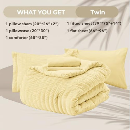 HYMOKEGE Yellow Twin Comforter Set Seersucker 5 Pieces, All Season Luxury Bed in a Bag for Bedroom, Bedding Set with Comforter, Sheets, Pillowcase & Sham