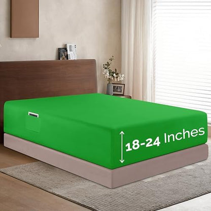 Elegant Comfort 1500 Premium Hotel Quality 18-24 Inches Deep - Extra Deep Pocket Single Fitted Sheet for High Mattress, Luxury and Softest, Smart Pocket - Wrinkle Free, Queen, Emerald Green