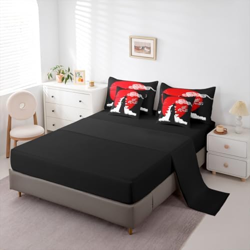 Erosebridal Samurai Comforter Set Sunset Print Bed in A Bag King Size 7 Pieces Japanese Ukiyoe Bed Set Room Decor Building Silhouette Bedding with Sheets