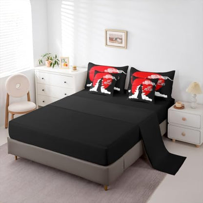 Erosebridal Samurai Comforter Set Sunset Print Bed in A Bag Queen Size 7 Pieces Japanese Ukiyoe Bed Set Room Decor Building Silhouette Bedding with Sheets