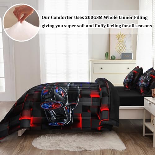 5 Pcs Car Comforter Sets for Boys, Cool Blue Red Race Car Full Size Car Bedding Set for Boys Teens