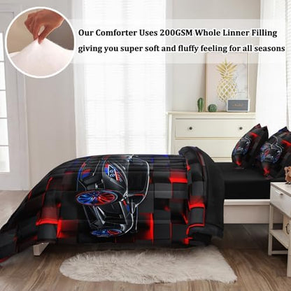 5 Pcs Car Comforter Sets for Boys, Cool Blue Red Race Car Full Size Car Bedding Set for Boys Teens