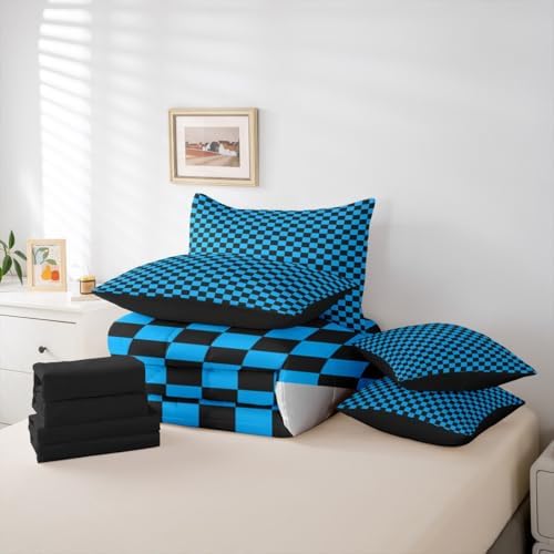 jejeloiu Blue Black Comforter Set with Sheets 7 Piece Queen Size