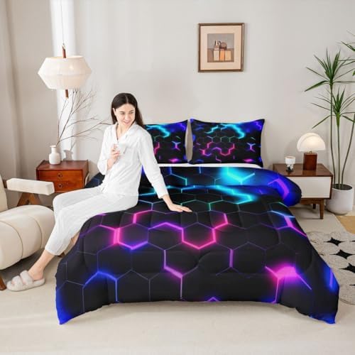 Castle Fairy 3D Honeycomb Comforter Set Queen Size,Hexagon Theme Quilt Set Pink Blue Neon Lights Bedding Set 3pcs,Kids Boys Teen Man Chic Creative Home Duvet Insert with 2 Pillowcases,Black