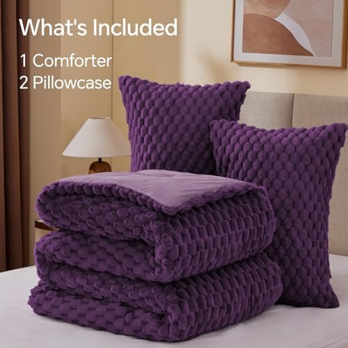 BEDELITE Fluffy Queen Comforter Set, Purple Fleece Bed Set 3 Pieces