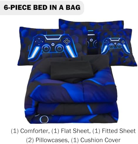URBONUR Blue Gaming Comforter Set for Boys Twin Size 6 Pieces