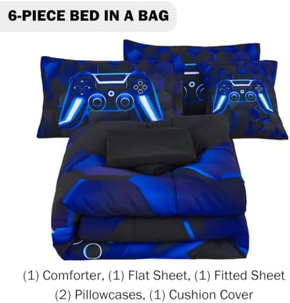 URBONUR Blue Gaming Comforter Set for Boys Twin Size 6 Pieces