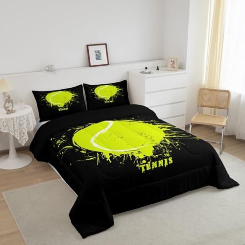 Manfei Tennis Comforter Set King Size, Green Tennis Print Bedding Set 3pcs for Kids Boys Teens Bedroom Decor, Sports Gaming Theme Quilt Set with 2 Pillowcases