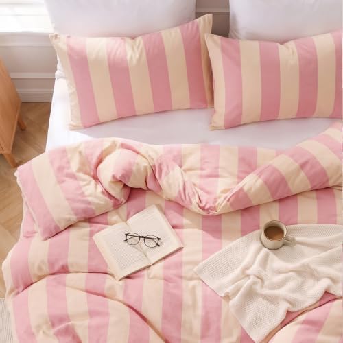 Bedbay Pink Striped Duvet Cover Set Queen Size, 100% Cotton 300TC Sateen, Pink Cream Cabana Stripe Bedding, Soft Smooth Breathable Feminine Set, 3 Pieces