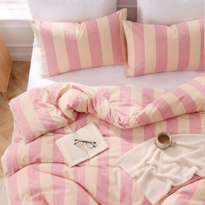 Bedbay Pink Striped Duvet Cover Set Queen Size, 100% Cotton 300TC Sateen, Pink Cream Cabana Stripe Bedding, Soft Smooth Breathable Feminine Set, 3 Pieces