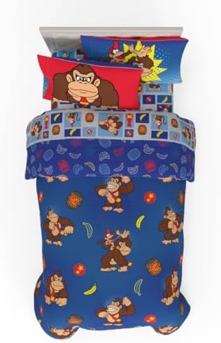 Collectibles Nintendo Donkey Kong Gaming Bedding 5 Piece Super Soft Reversible Comforter and Sheet Set with Sham, Twin, (Officially Licensed Product) By Franco