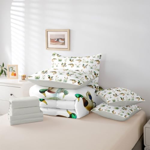 Erosebridal Mallard Duck 7 Piece Bed in A Bag Twin Comforter Set Bass Fish Hunting Bedding Set for Girls Kids Wild Duck Reed Woodland Sheet Set with Comforter Pike Fish Waterfowl Quilt Duvet