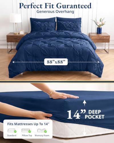 LANE LINEN 7 Piece Queen Comforter Set Microfiber Pintuck - Navy Blue