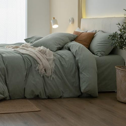JIYUAN Super Queen Washed Cotton Duvet Cover Set Relaxed Linen Feel