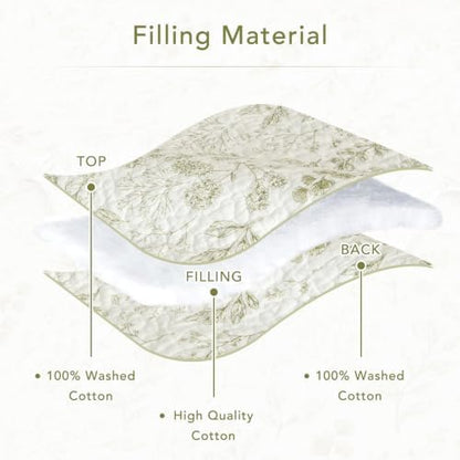 Lady Ann Oversized King Quilt Bedspreads 120x120, 3 Pcs Cotton California King Size Quilted Bedding Set, Cottagecore Green Leaves Pattern Plant Botanical Printed Quilted Coverlet Set