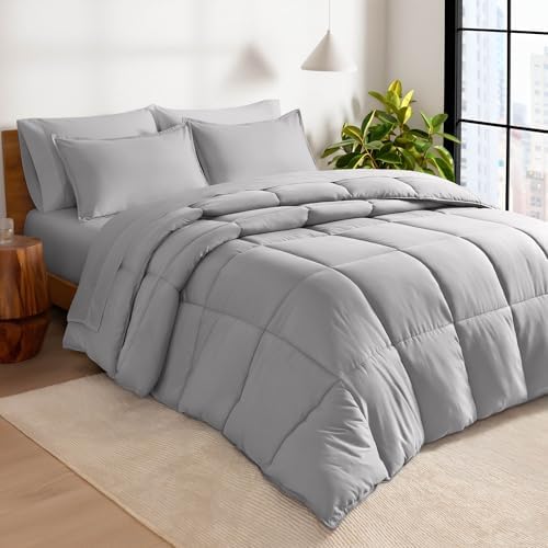 Bare Home Bed-in-A-Bag 7 Piece Comforter & Sheet Set - Queen - Goose Down Alternative - Ultra-Soft 1800 Premium - Bedding Set (Queen, Light Grey/Light Grey)